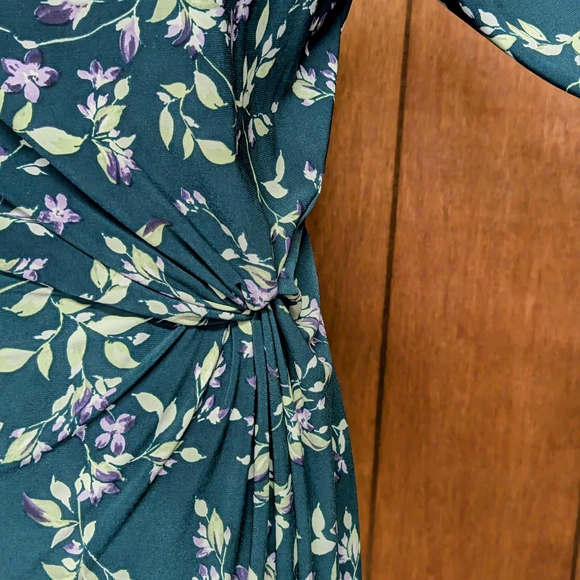Ralph Lauren Sz10 Green with Purple Floral Pattern Side Gather Cowl Neck Dress - Picture 4 of 11